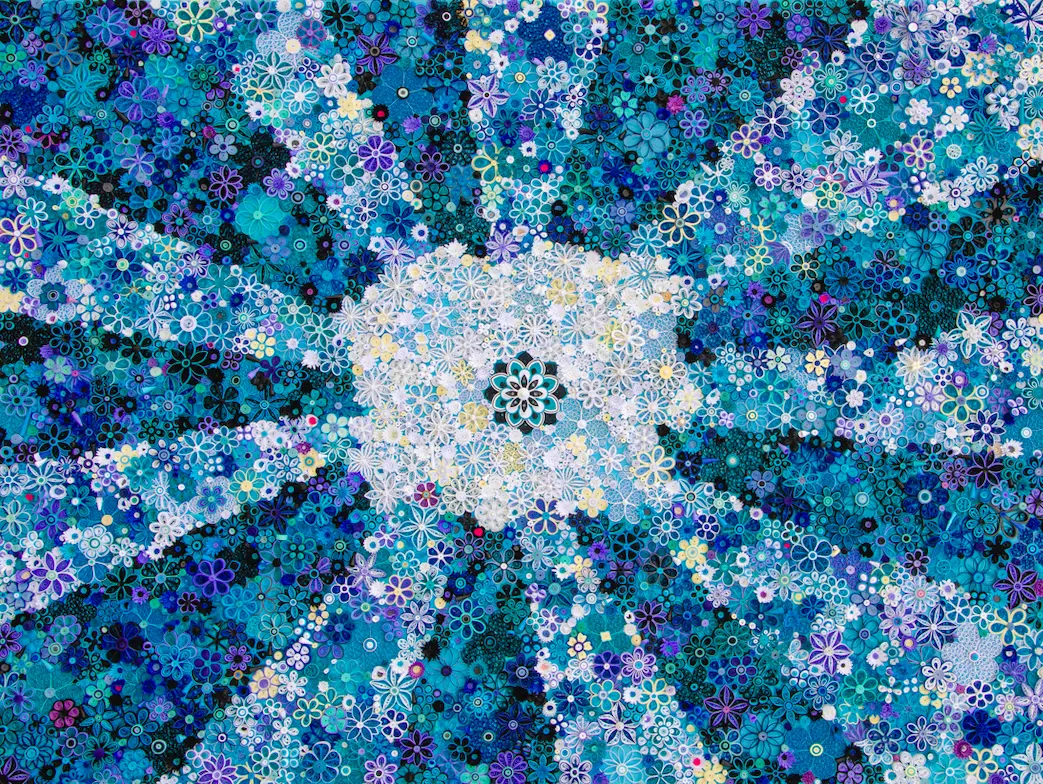 One-of-a-kind quilled paper artwork with intricate radial floral patterns